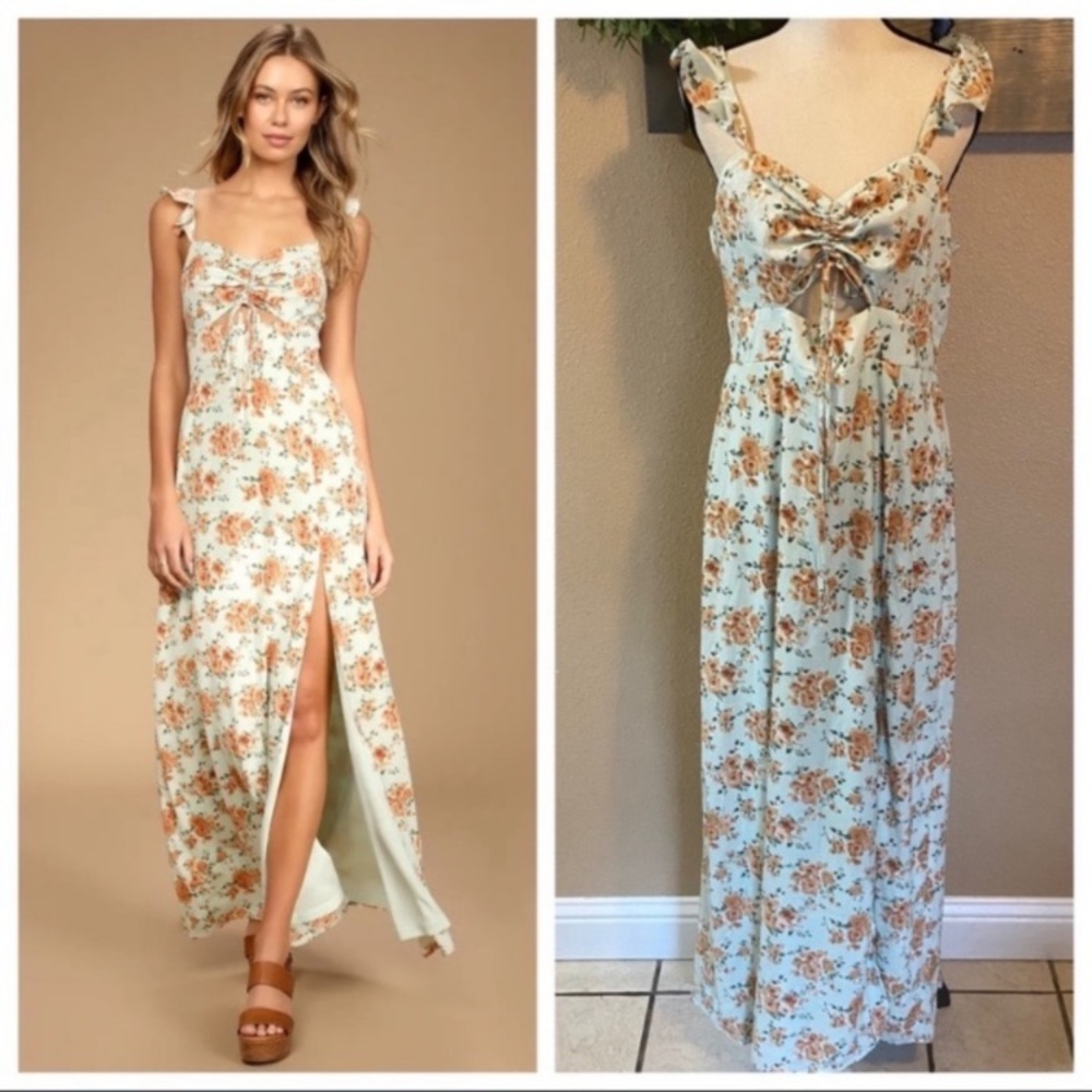 Lulus The Way to Love Sage Floral Print Ruffled Maxi Dress